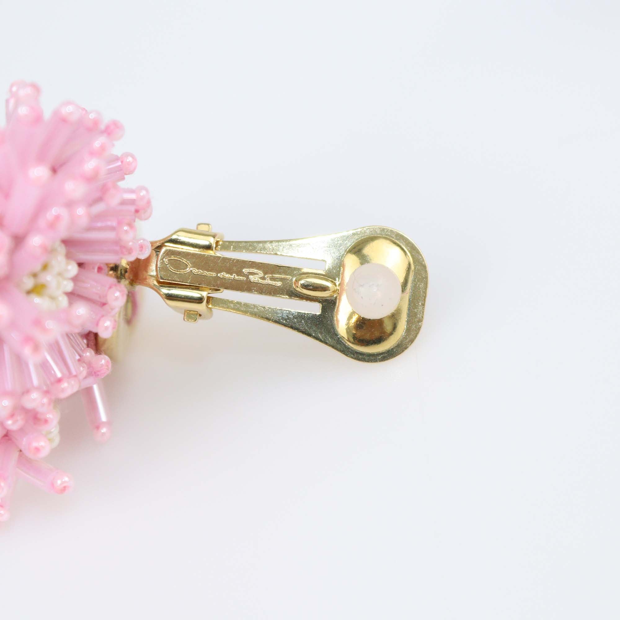 Oscar Dela Renta Pink Pom-Pom Flower Stud Clip on Earrings