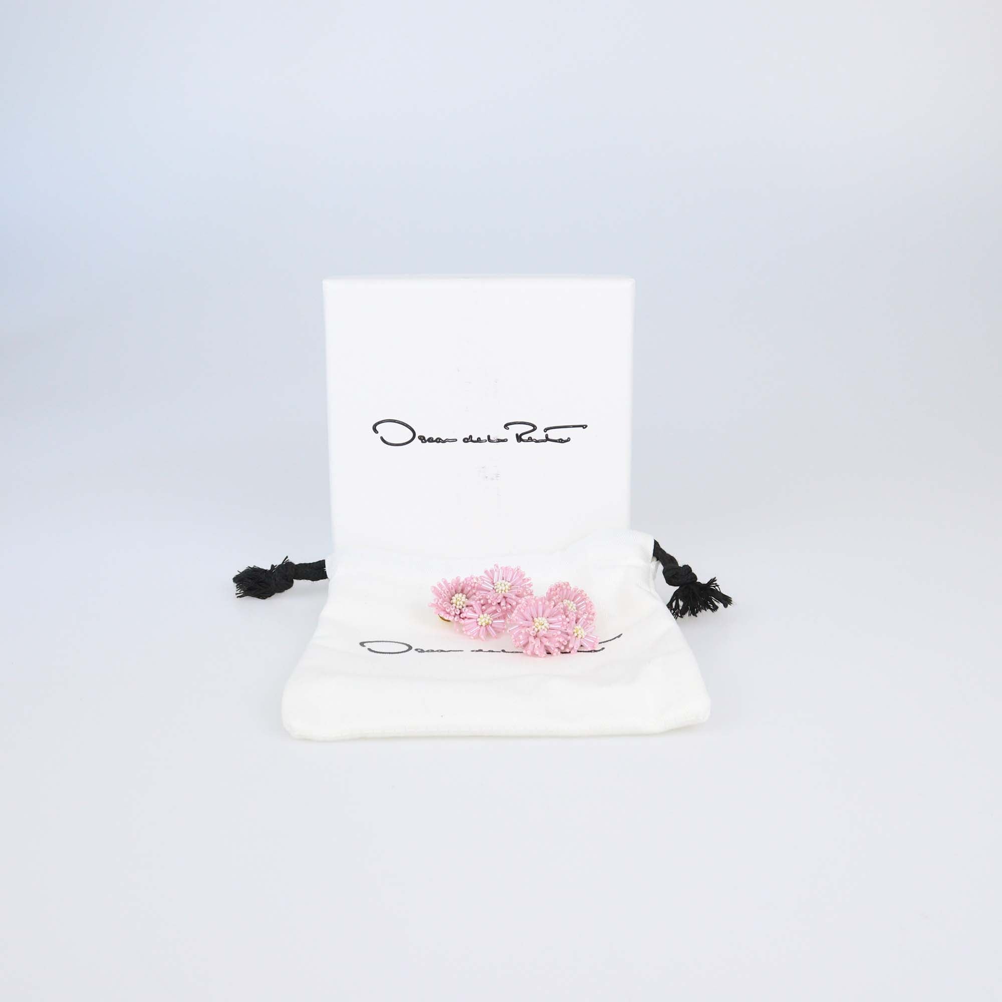 Oscar Dela Renta Pink Pom-Pom Flower Stud Clip on Earrings
