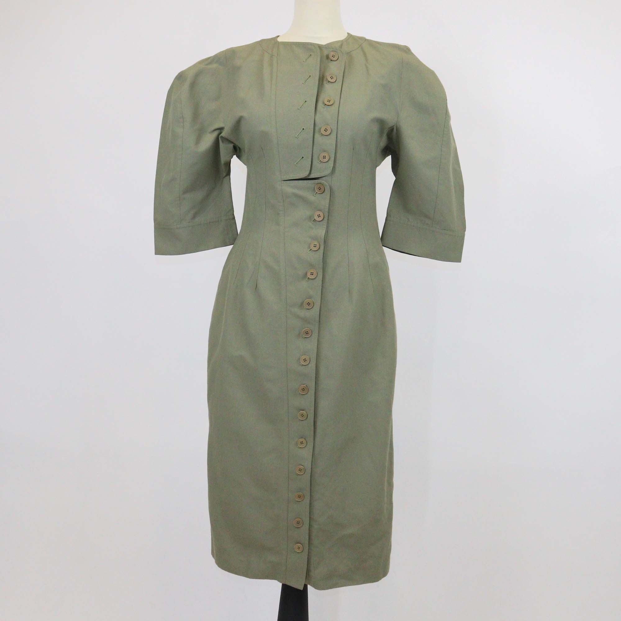 Stella McCartney Khaki Cotton Linen Blend Three Quarter Sleeve Midi Dress