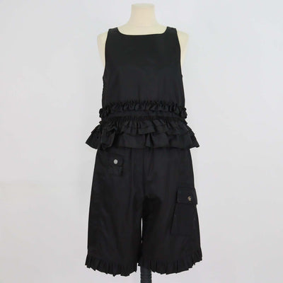 Ganni Black Polyamide Ruffled Top & Cargo Shorts Set