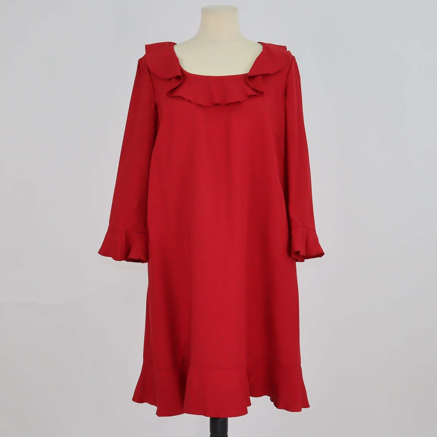 Red Valentino Red Blend Acetate Crepe Ruffled Neck Three Quarter Sleeve Mini Dress