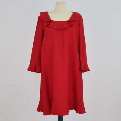 Red Valentino Red Blend Acetate Crepe Ruffled Neck Three Quarter Sleeve Mini Dress