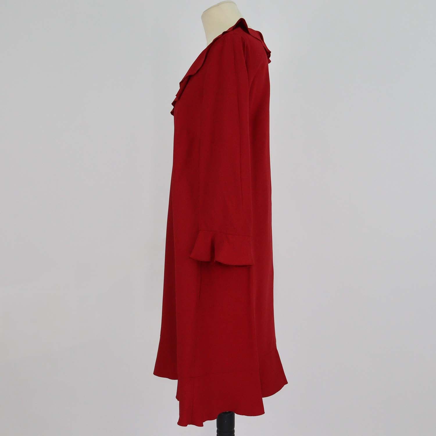 Red Valentino Red Blend Acetate Crepe Ruffled Neck Three Quarter Sleeve Mini Dress