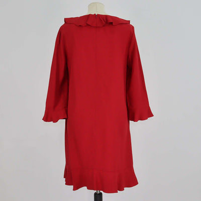 Red Valentino Red Blend Acetate Crepe Ruffled Neck Three Quarter Sleeve Mini Dress