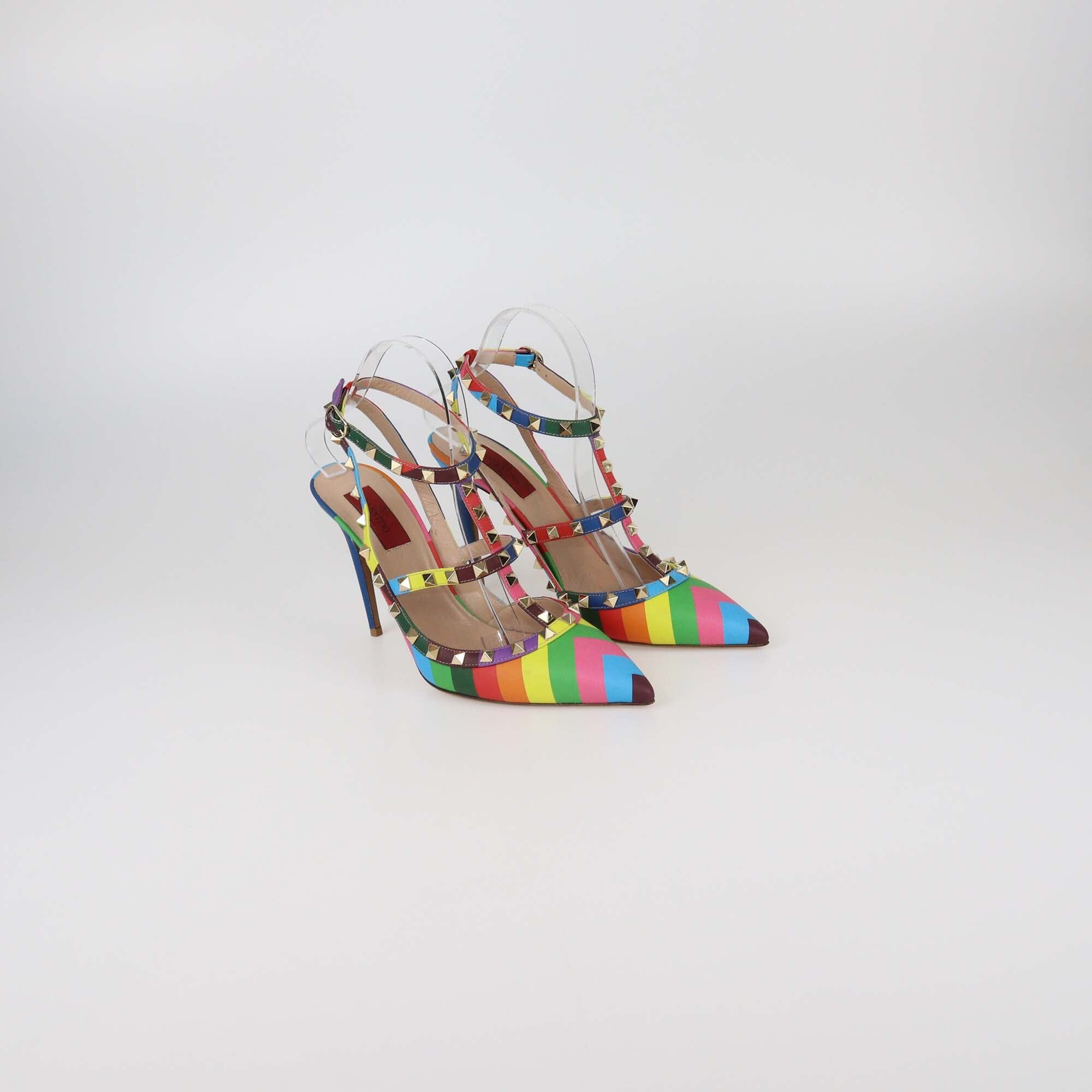 Valentino Multicolor Striped Rockstud Ankle Strap Pumps Womens Valentino 
