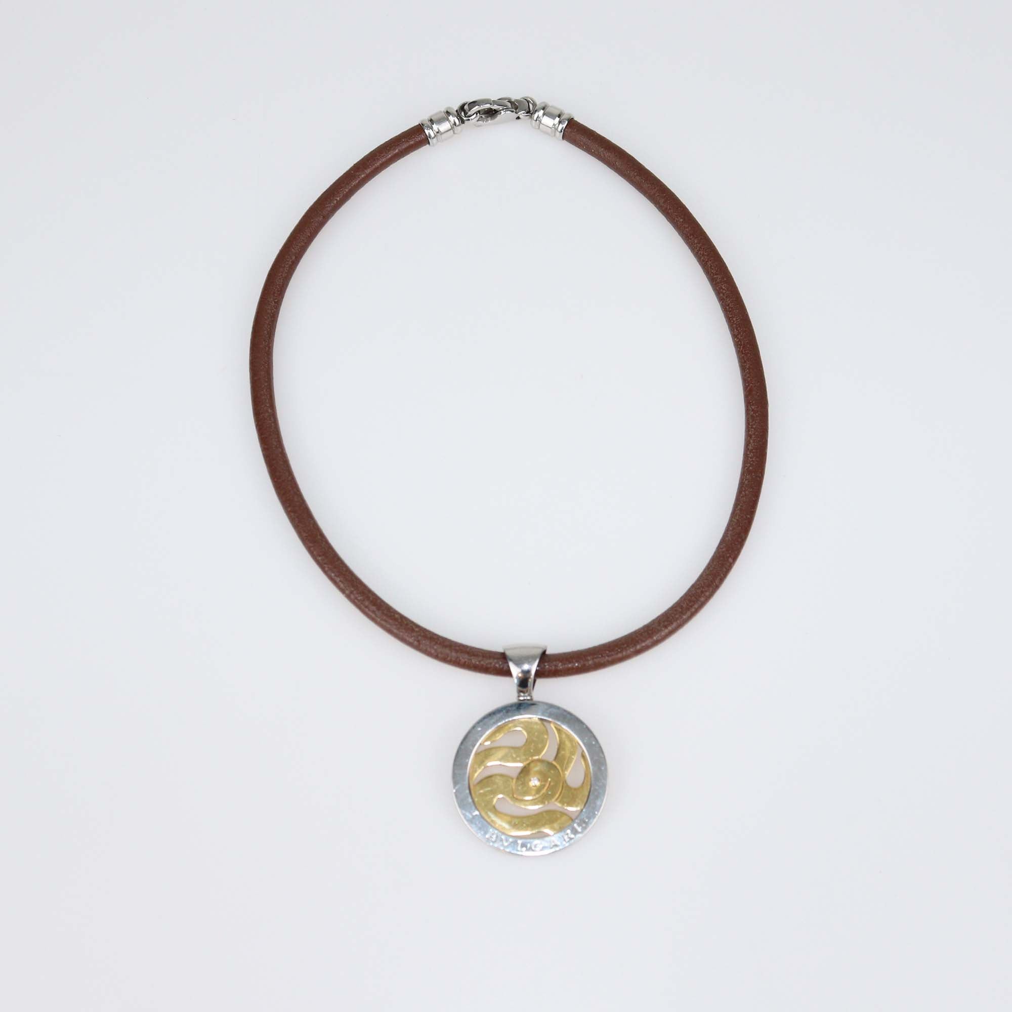Bvlgari Tondo Snake Diamond 18k Yellow Gold Steel Leather Cord Necklace