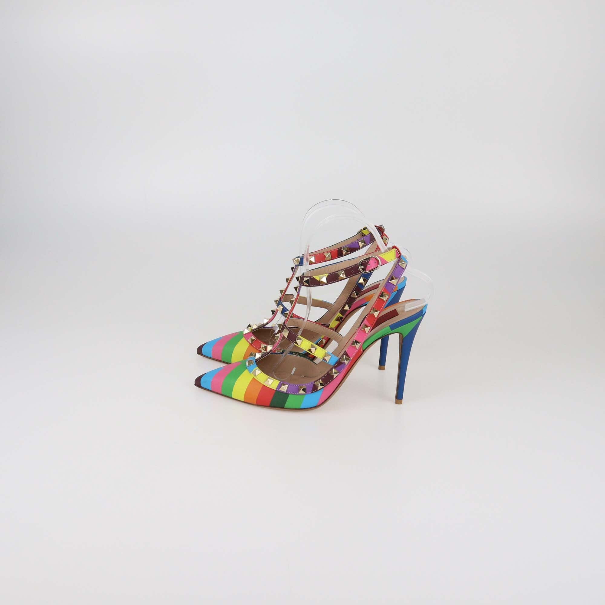 Valentino Multicolor Striped Rockstud Ankle Strap Pumps Womens Valentino 