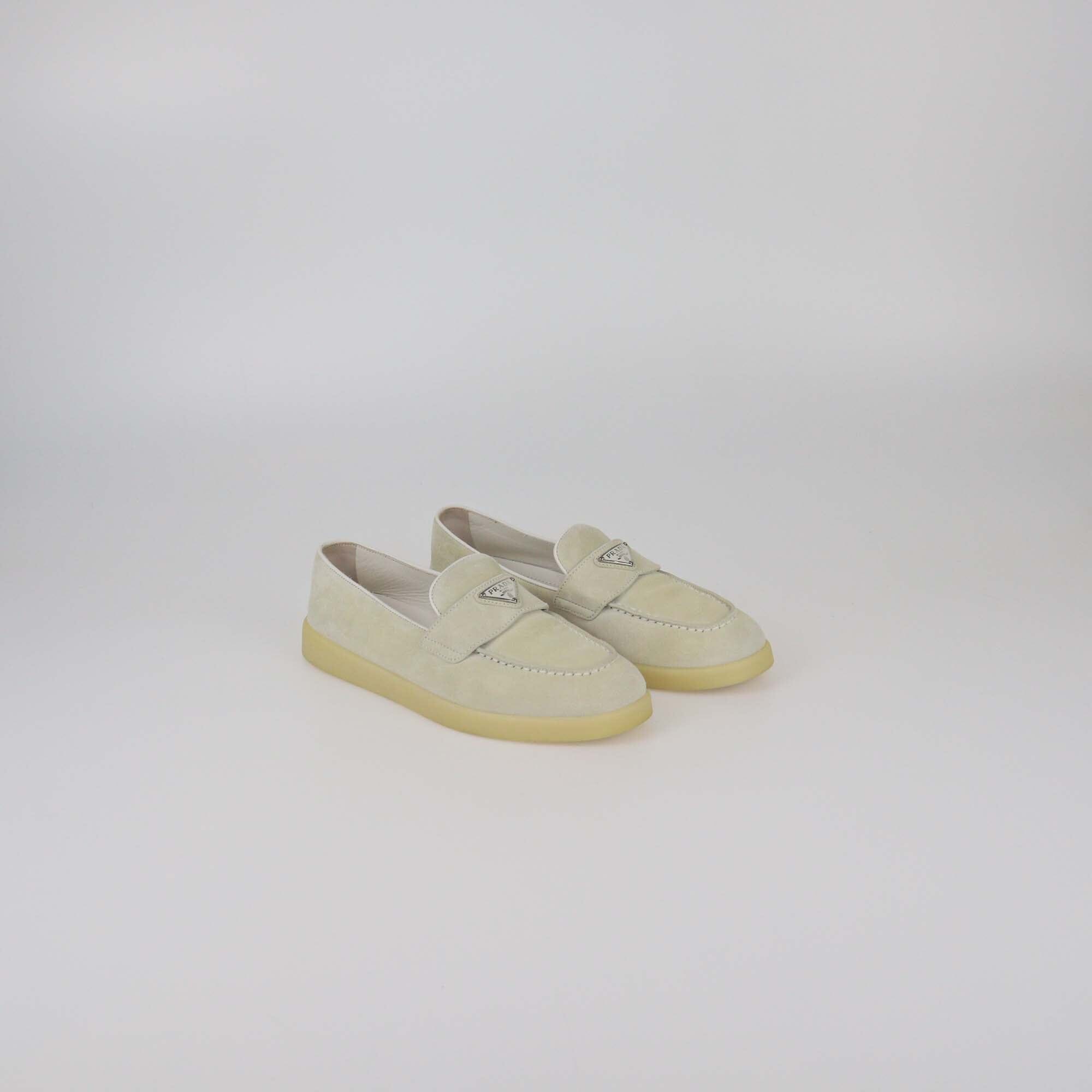 Prada Light Beige Plaque Logo Loafers Womens Prada 