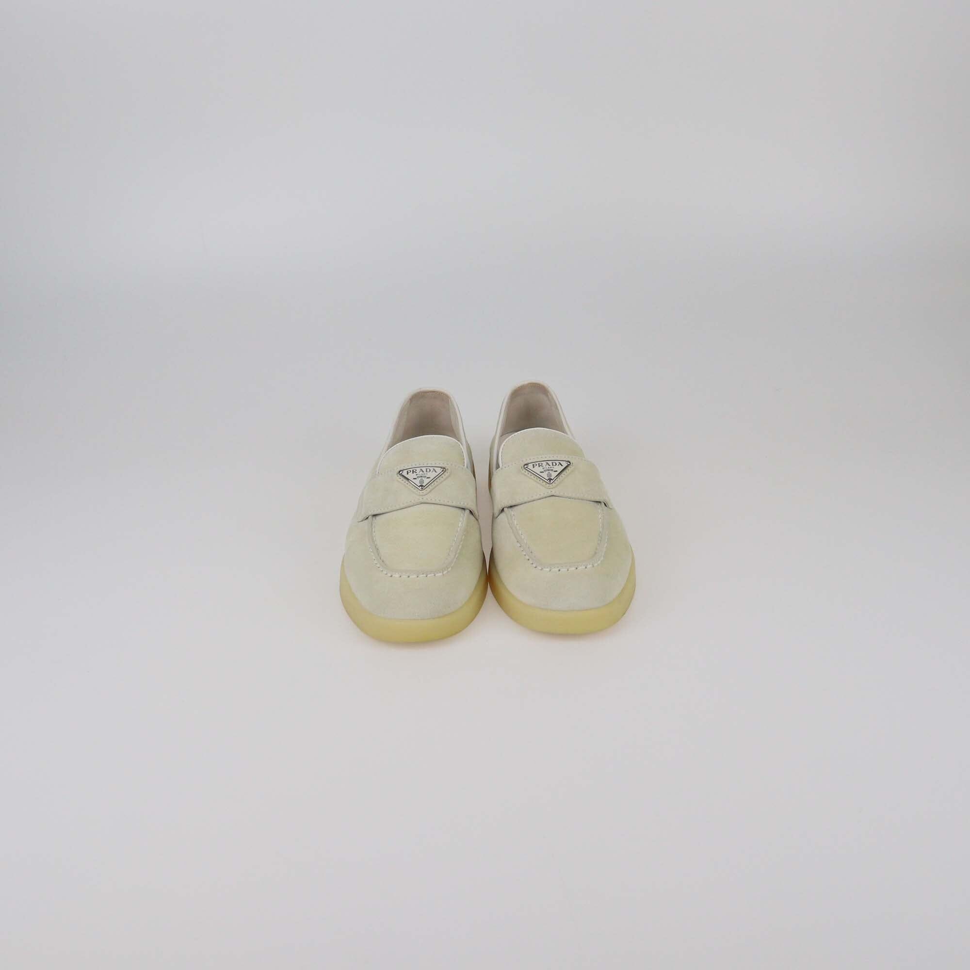 Prada Light Beige Plaque Logo Loafers Womens Prada 