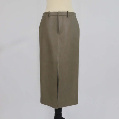 The Frankie Shop Light Green Faux Leather Maybelle Slit Midi Skirt