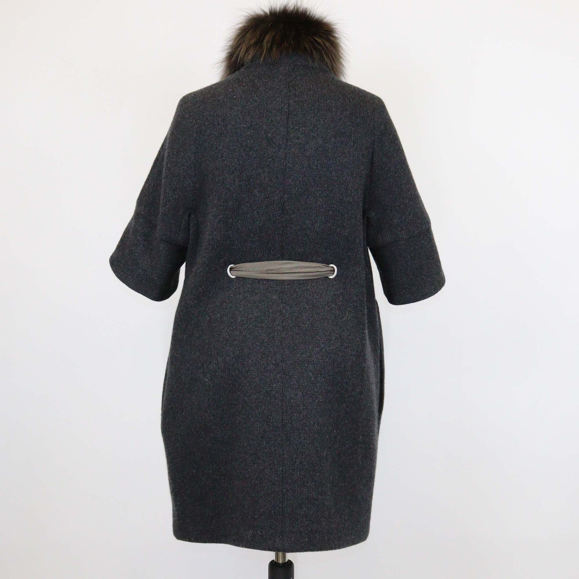 Brunello Cucinelli Dark Grey Cashmere w/ Detachable Fox Collar Belted Coat
