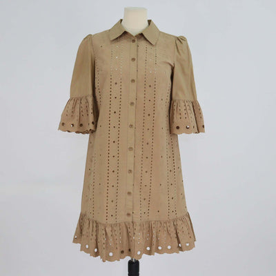 See By Chloe Brown Cotton Eyelet Embroidered Shirt Dress