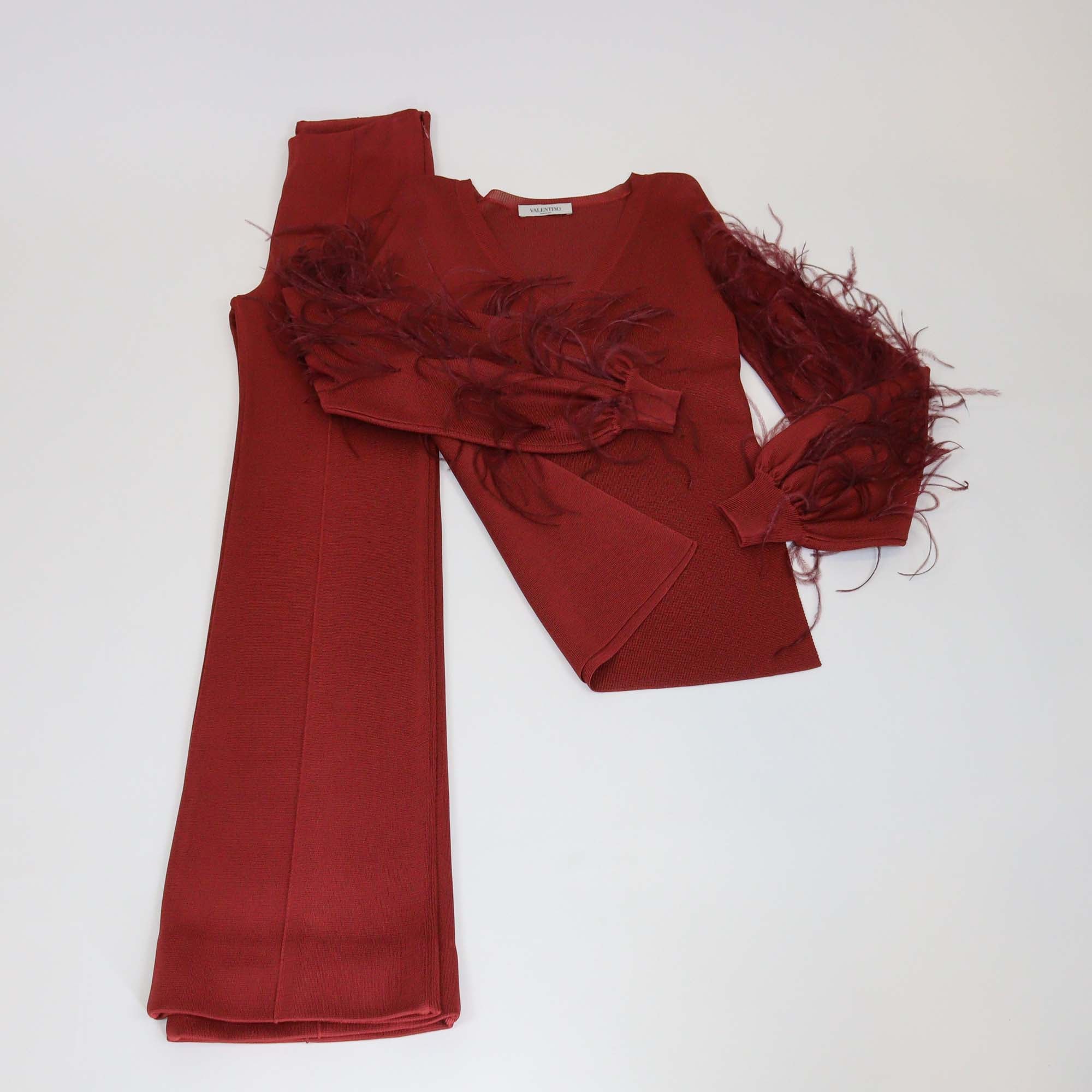 Valentino Red Viscose Feather Trim Knit V Neck Top & Wide Leg Pants Set