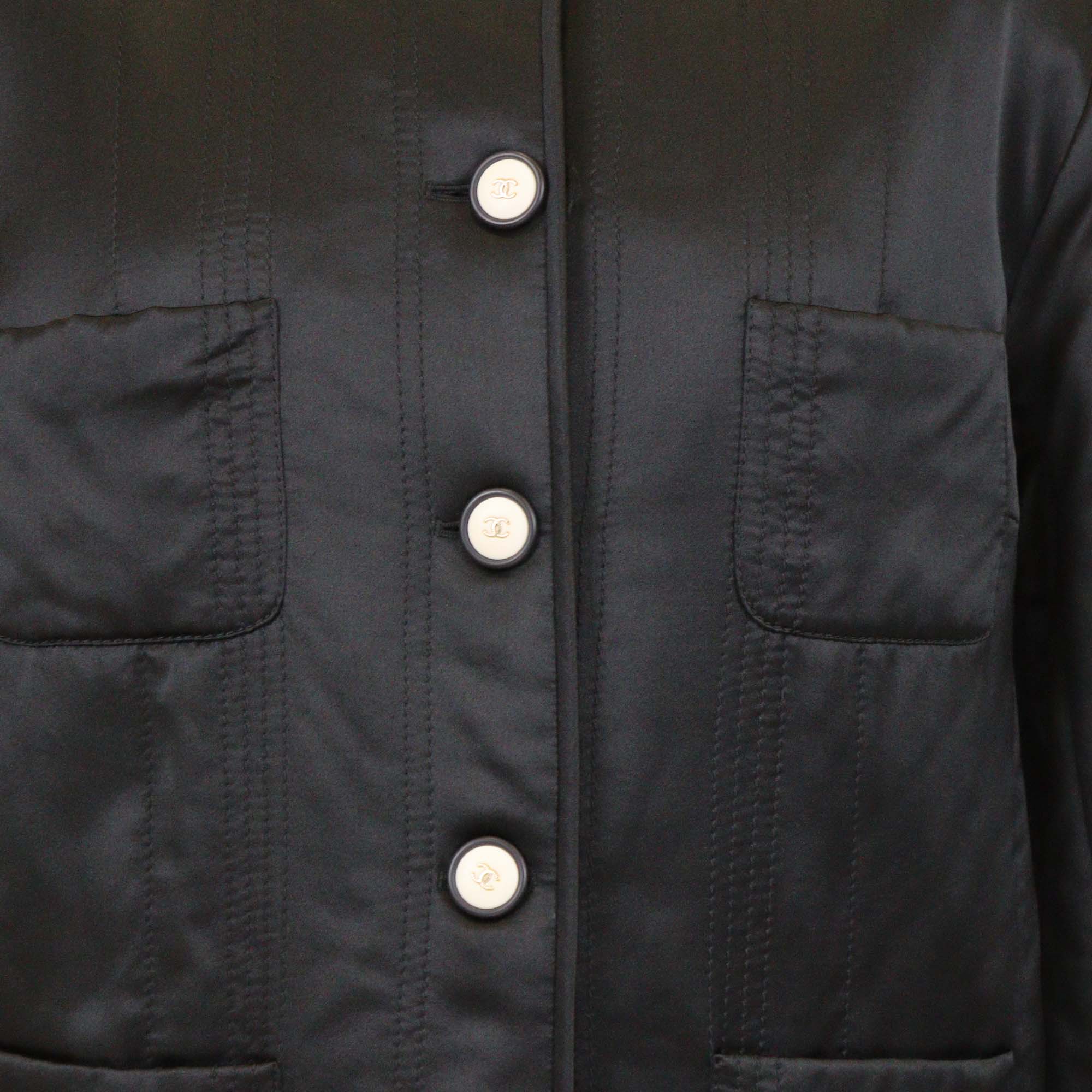 Chanel Black Silk Satin Collarless Faux Fur Trimmed Long Sleeve Jacket