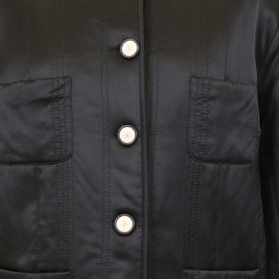 Chanel Black Silk Satin Collarless Faux Fur Trimmed Long Sleeve Jacket