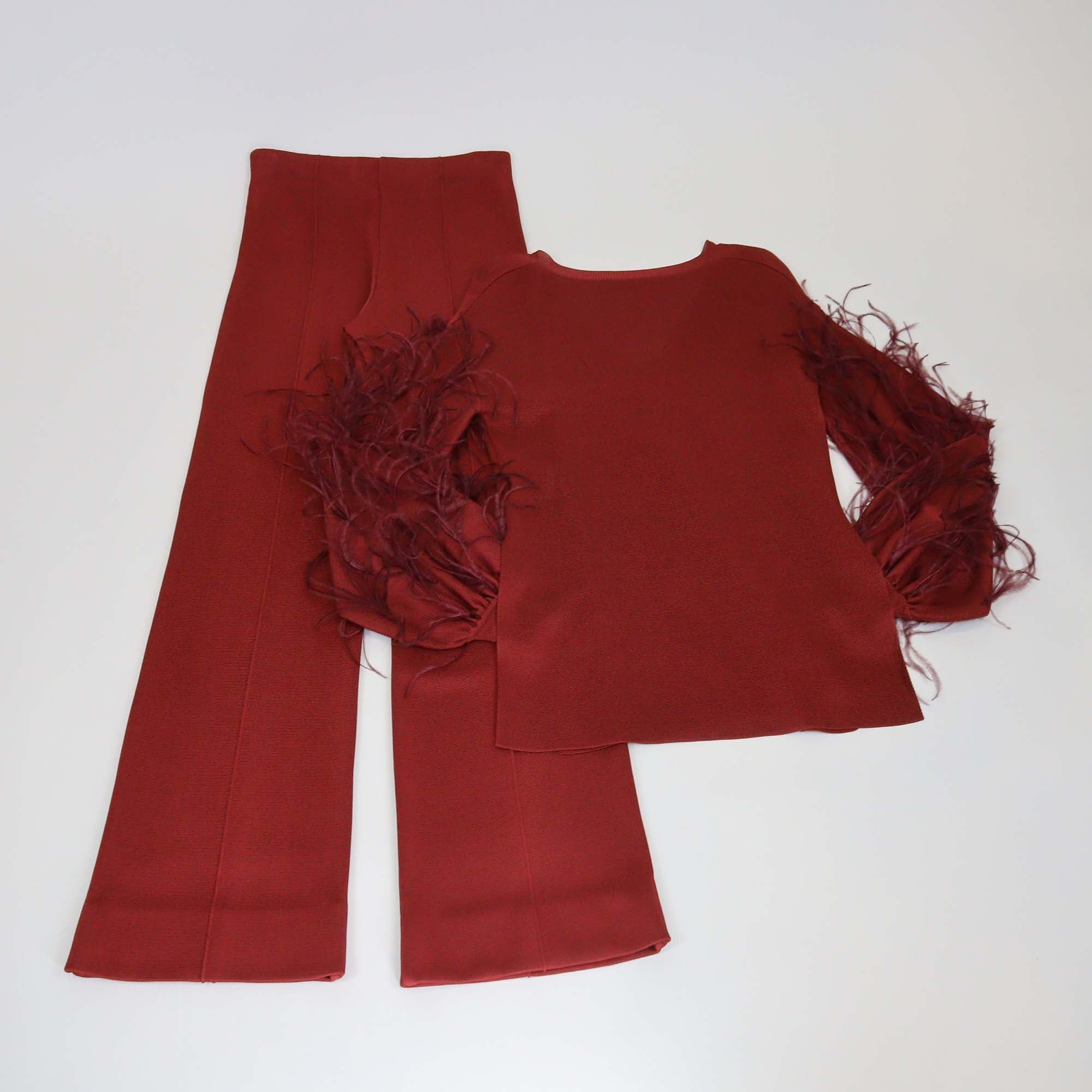 Valentino Red Viscose Feather Trim Knit V Neck Top & Wide Leg Pants Set