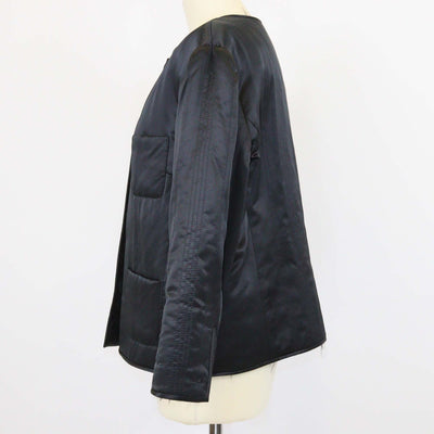 Chanel Black Silk Satin Collarless Faux Fur Trimmed Long Sleeve Jacket