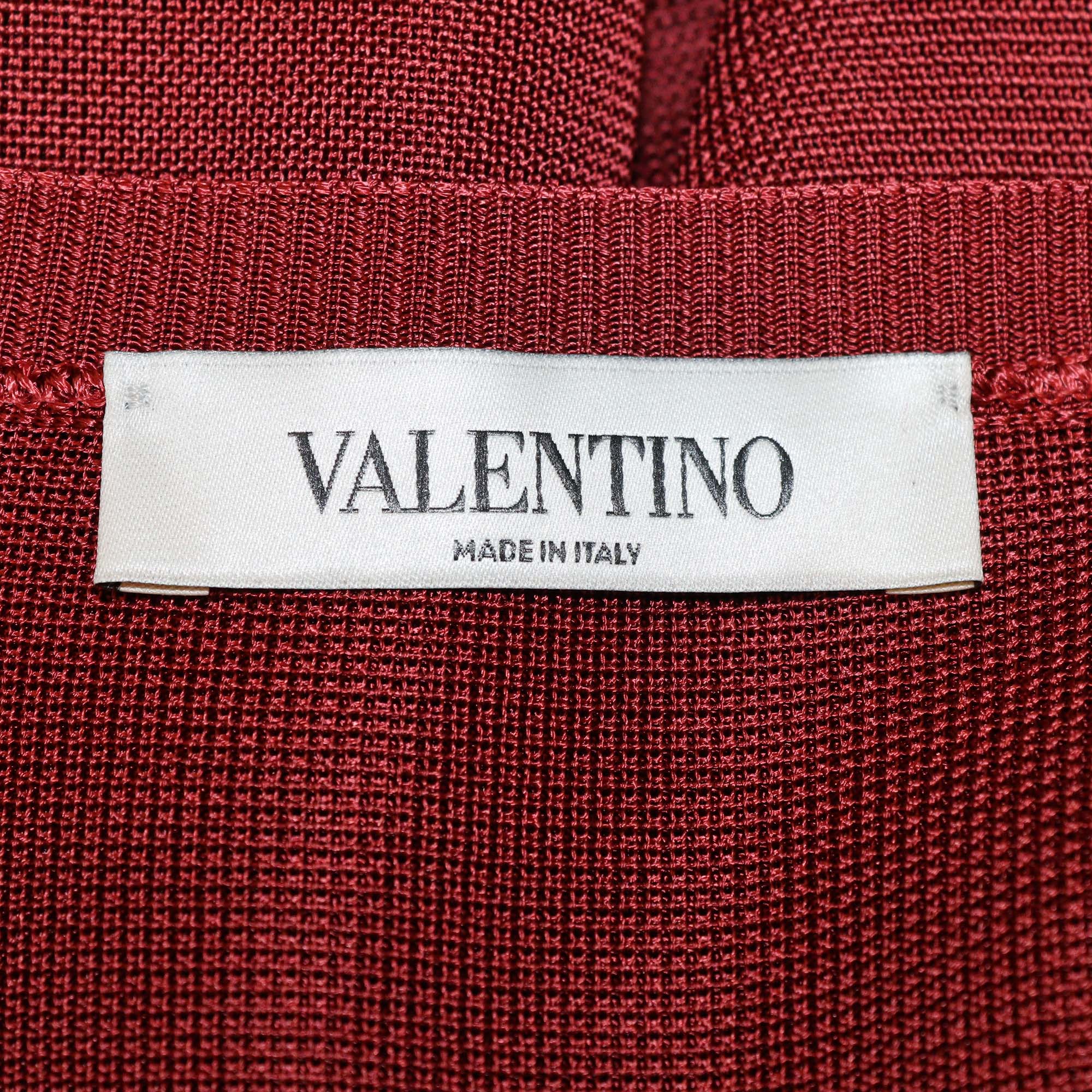 Valentino Red Viscose Feather Trim Knit V Neck Top & Wide Leg Pants Set