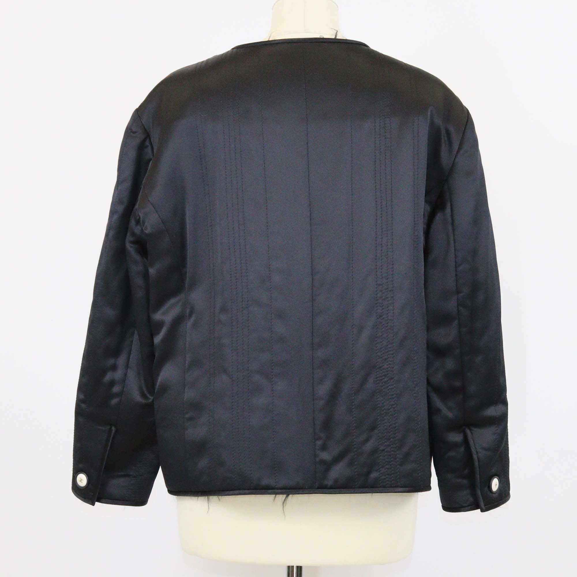 Chanel Black Silk Satin Collarless Faux Fur Trimmed Long Sleeve Jacket