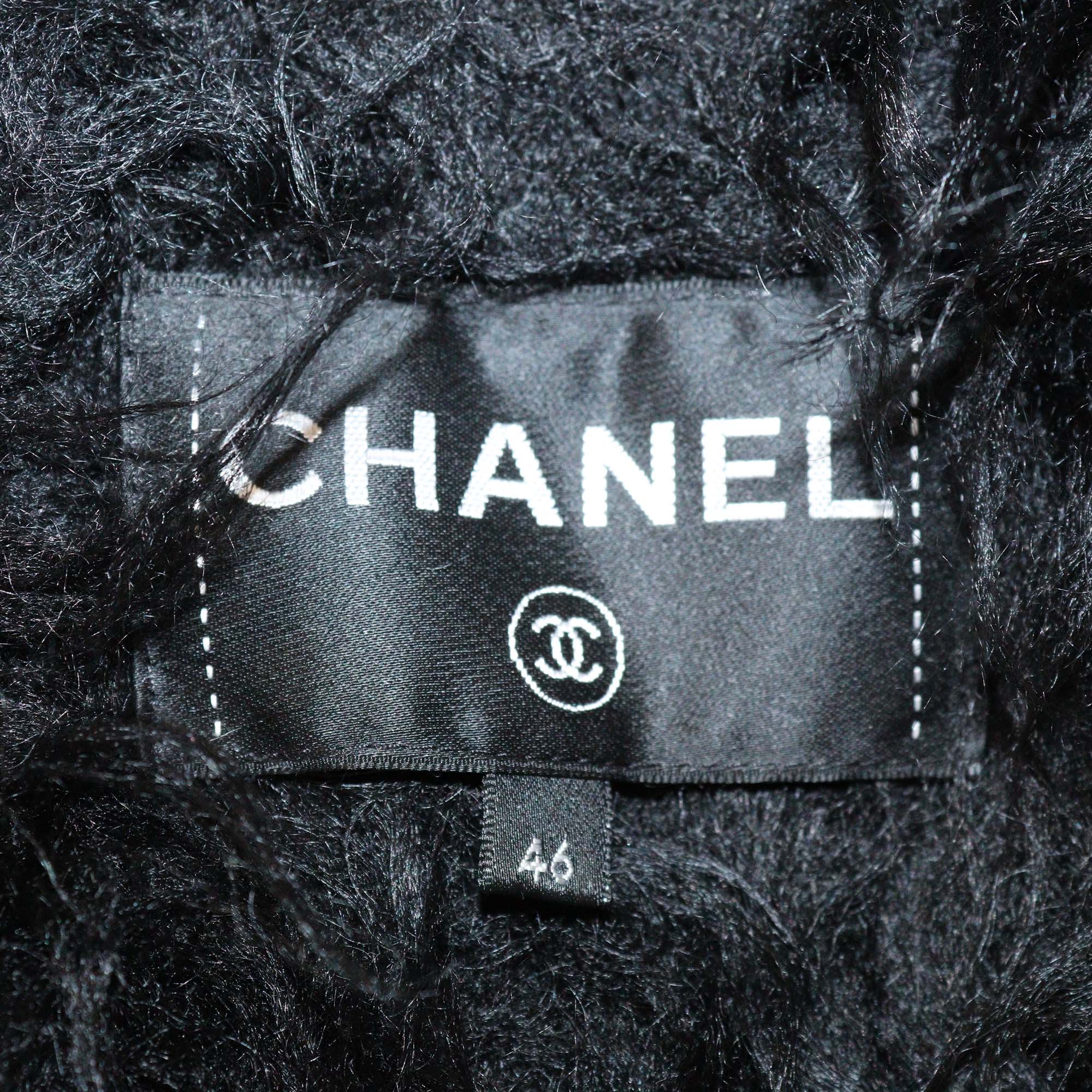 Chanel Black Silk Satin Collarless Faux Fur Trimmed Long Sleeve Jacket