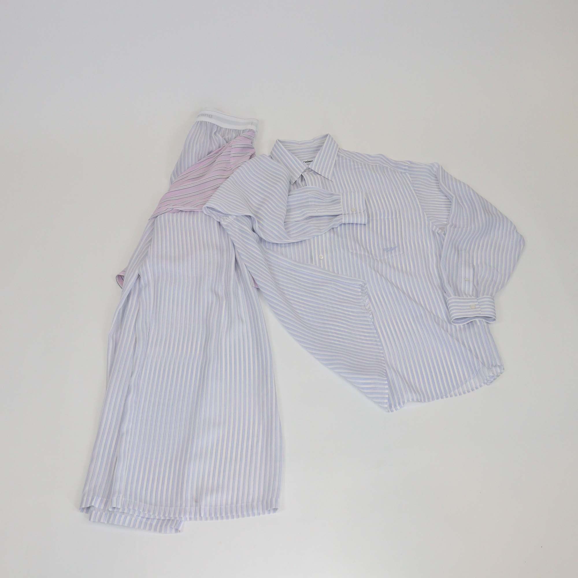 Alexander Wang White/Purple Silk Stripe Oversized Boyfriend Shirt & Straight Leg Front Tie Trouser Set
