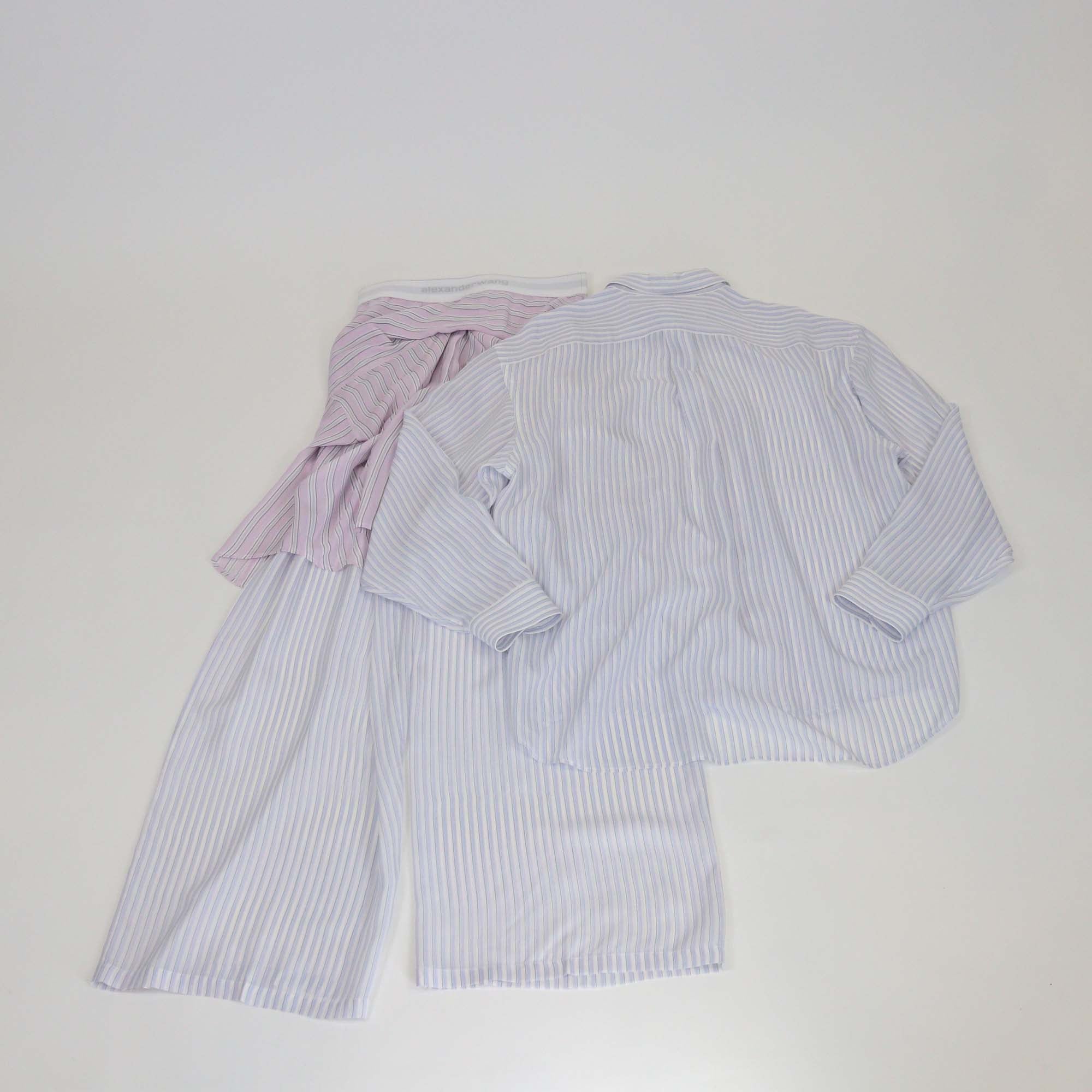Alexander Wang White/Purple Silk Stripe Oversized Boyfriend Shirt & Straight Leg Front Tie Trouser Set