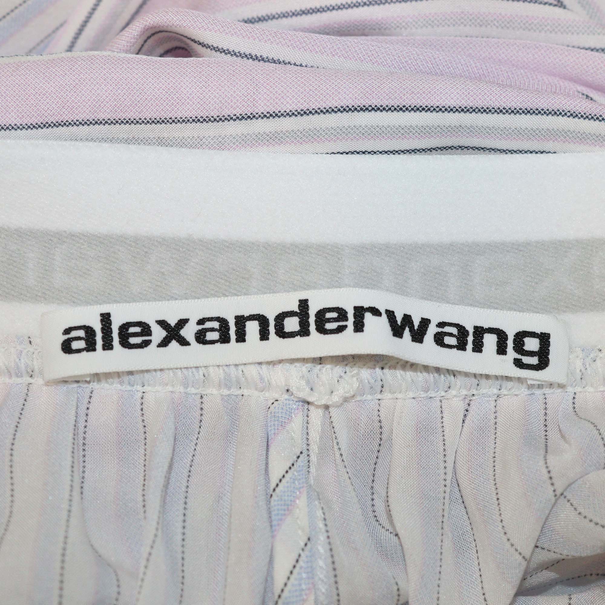 Alexander Wang White/Purple Silk Stripe Oversized Boyfriend Shirt & Straight Leg Front Tie Trouser Set