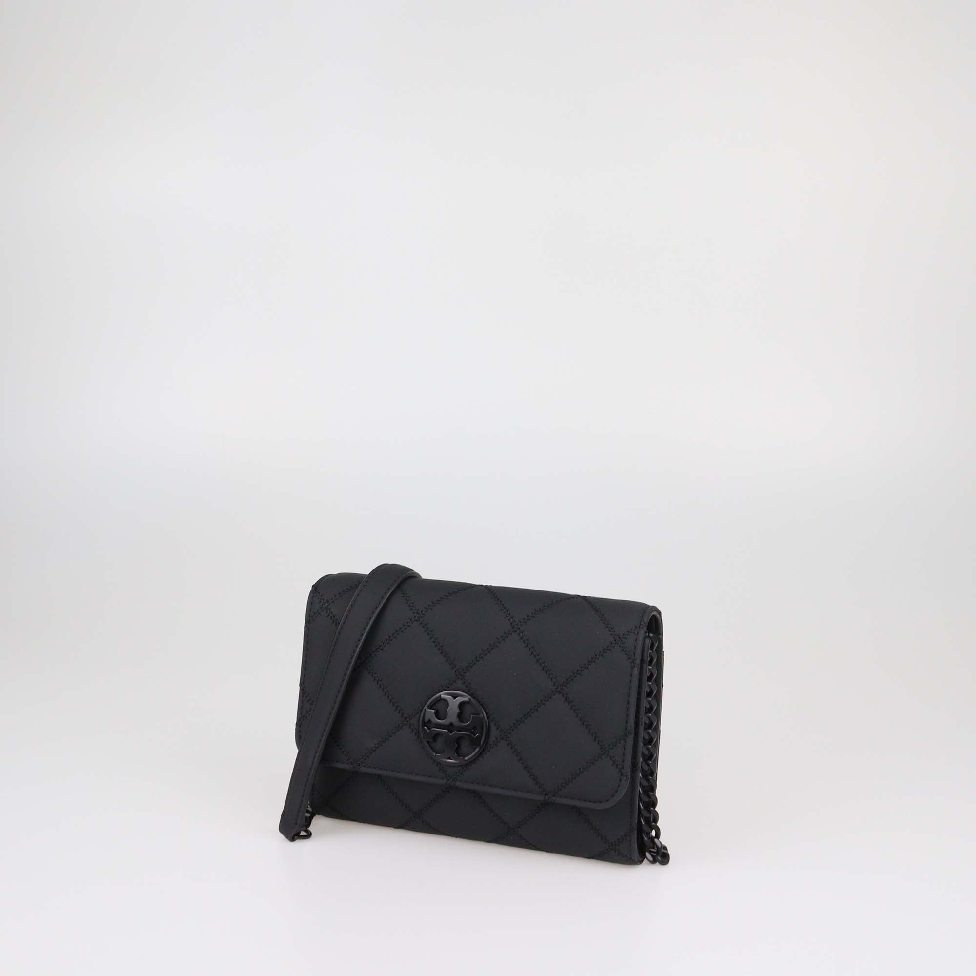 Tory Burch Matte Black Quilted Leather Willa Wallet on Chain