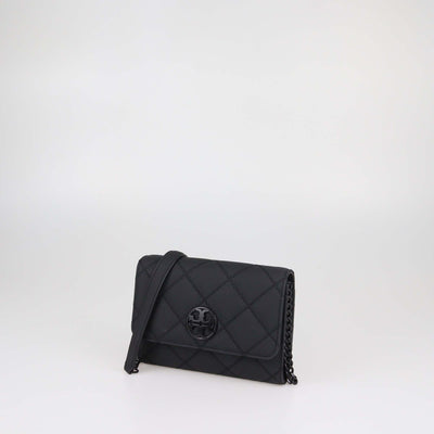 Tory Burch Matte Black Quilted Leather Willa Wallet on Chain