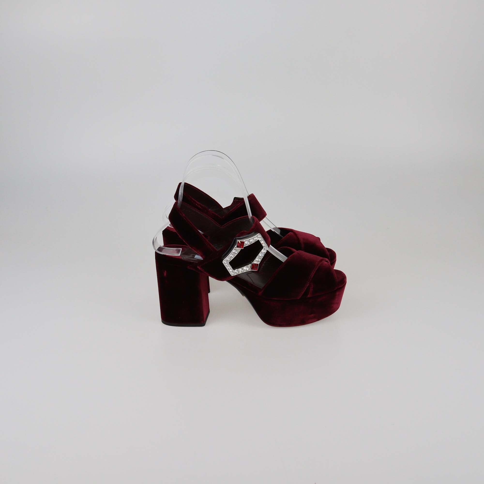 Prada Burgundy Crystal Buckle Embellished Platform Sandals Womens Prada 