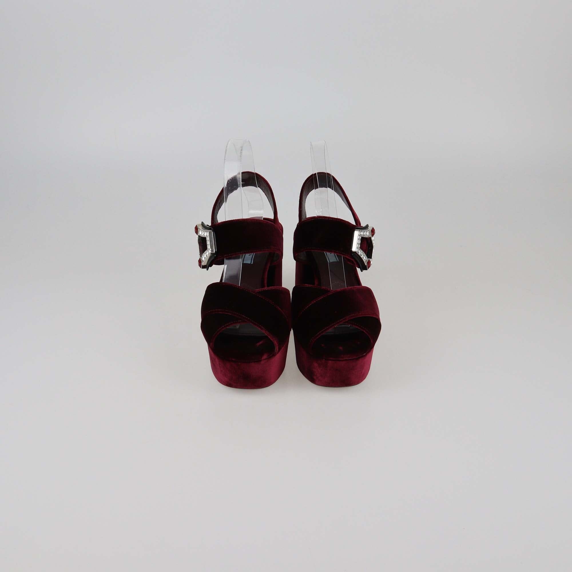 Prada Burgundy Crystal Buckle Embellished Platform Sandals Womens Prada 