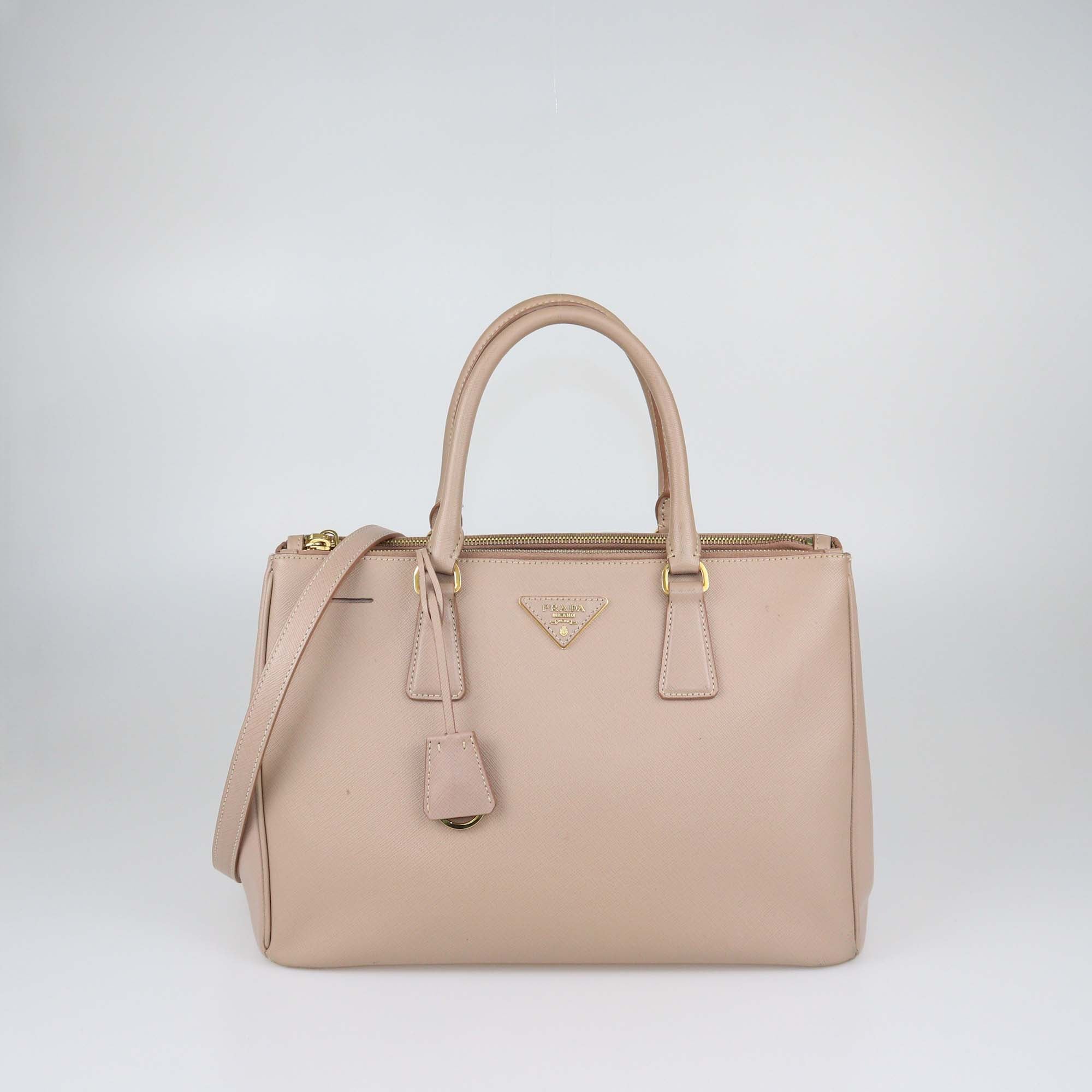 Prada Beige Saffiano Lux Leather Medium Double Zip Tote