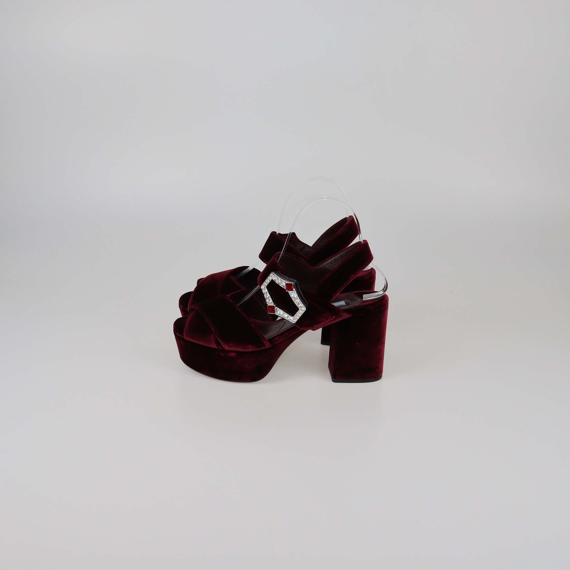 Prada Burgundy Crystal Buckle Embellished Platform Sandals Womens Prada 