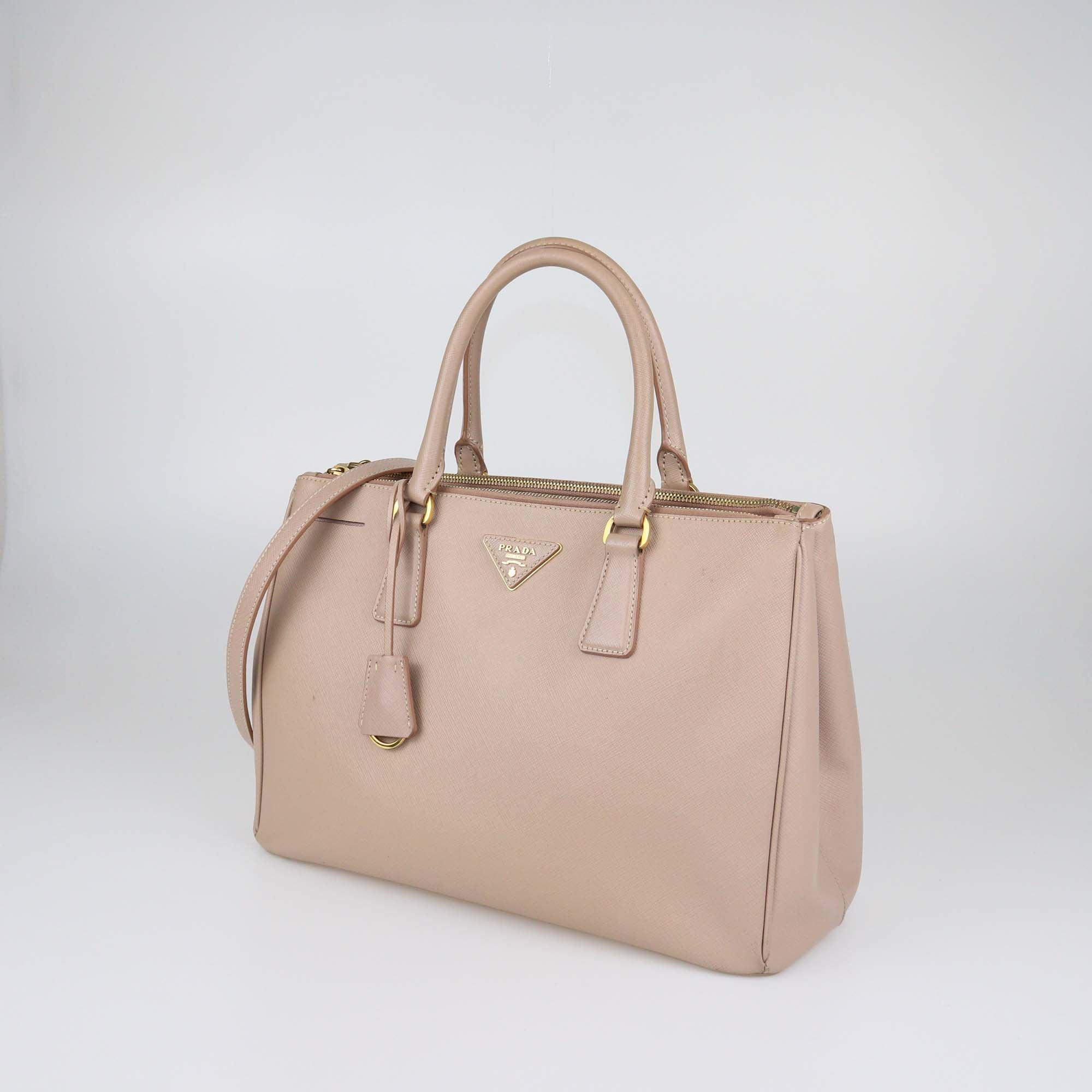 Prada Beige Saffiano Lux Leather Medium Double Zip Tote