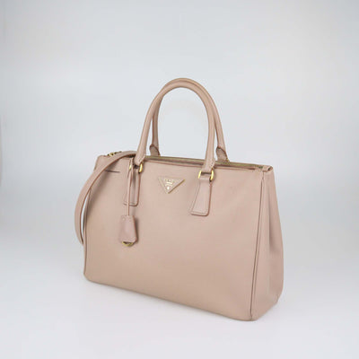Prada Beige Saffiano Lux Leather Medium Double Zip Tote