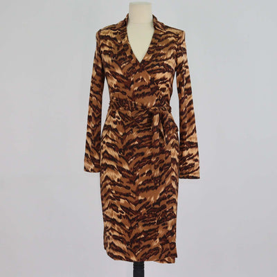 Diane Von Furstenberg Brown Silk Tiger New Jeanne Wrap Dress