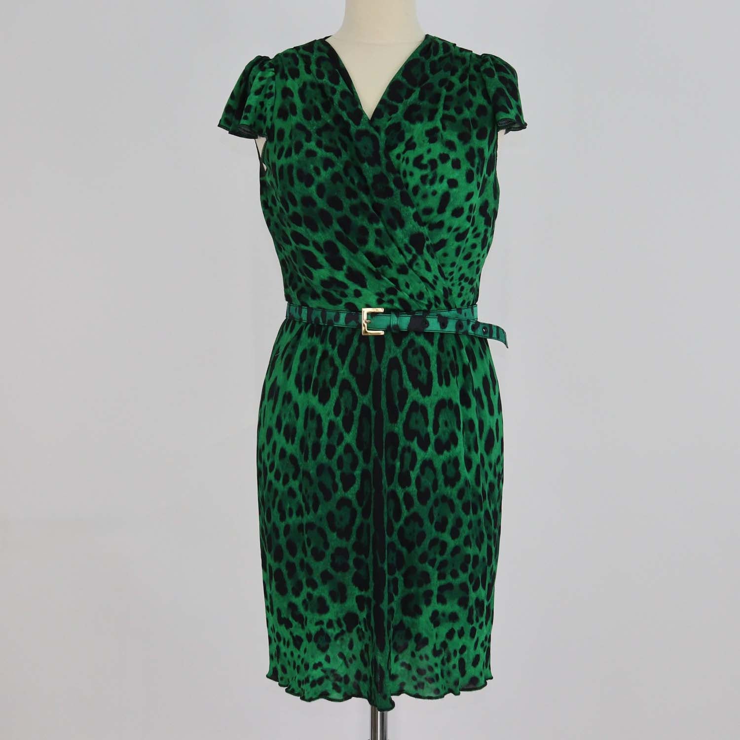 Dolce & Gabbana Green/Black Viscose Leopard Print Ruffled Mini Dress