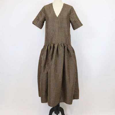 Ganni Brown Polyester Crinkled Check Long Dress