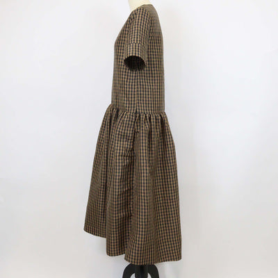 Ganni Brown Polyester Crinkled Check Long Dress