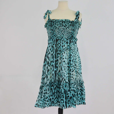 Dolce & Gabbana Blue/Black Silk Leopard Print Ruffled Mini Dress