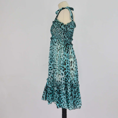 Dolce & Gabbana Blue/Black Silk Leopard Print Ruffled Mini Dress