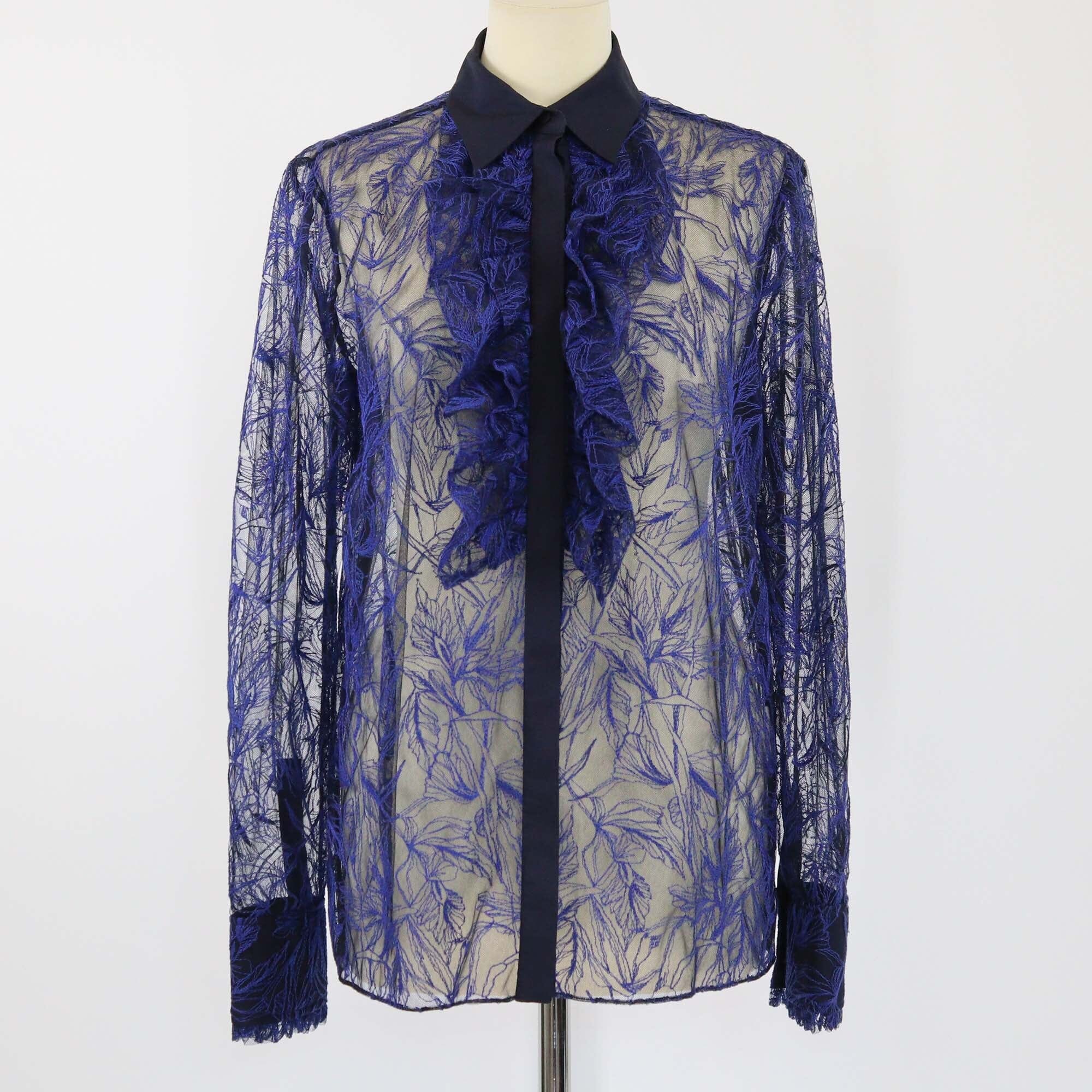 Roberto Cavalli Navy Blue Lace Pattern Long Sleeve Button-Up Top Womens Roberto Cavalli 