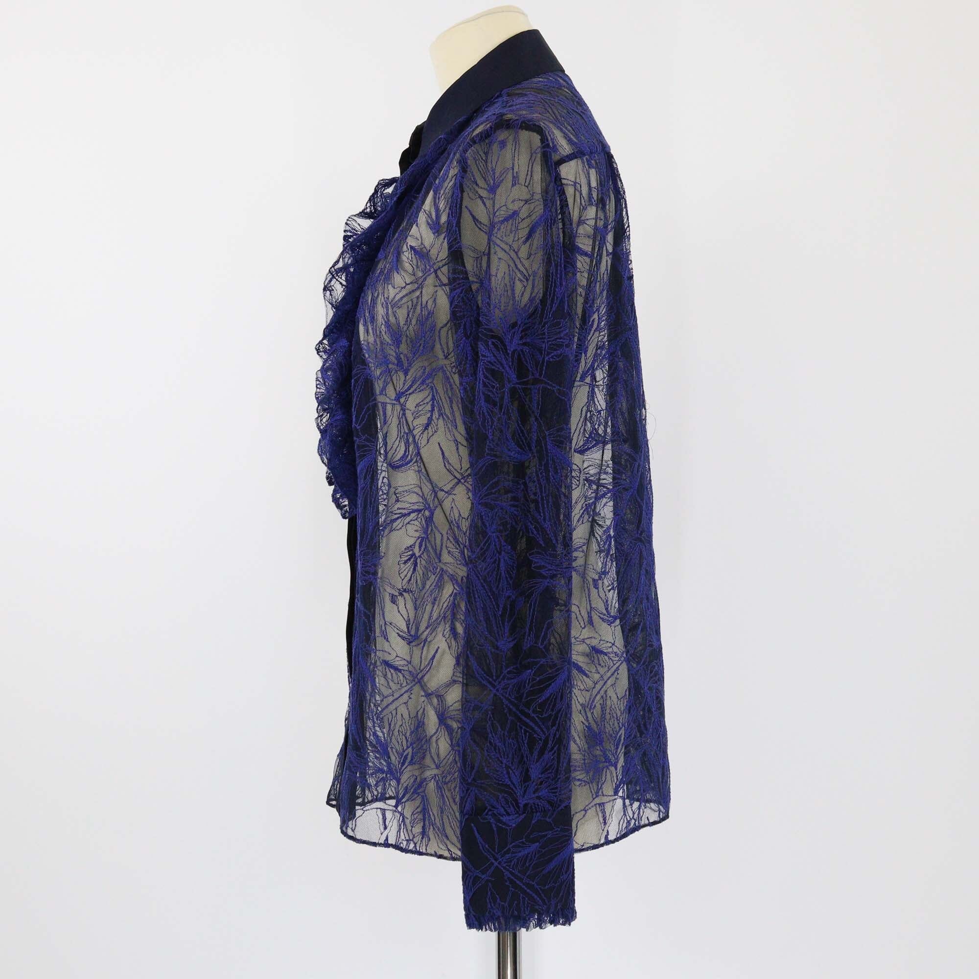 Roberto Cavalli Navy Blue Lace Pattern Long Sleeve Button-Up Top Womens Roberto Cavalli 