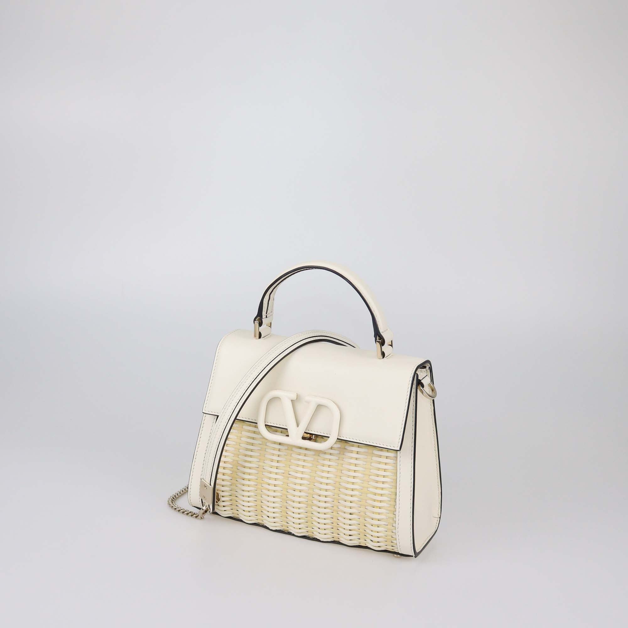 Valentino Valentino White Leather Raffia Woven V Sling Top Handle Bag