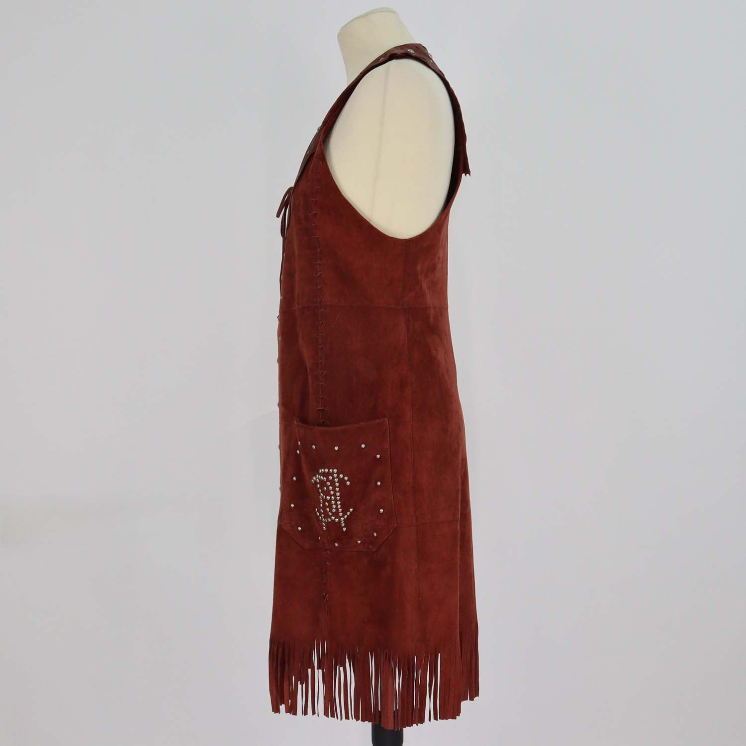 Roberto Cavalli Brown Suede and Leather Fringed Studded Long Vest