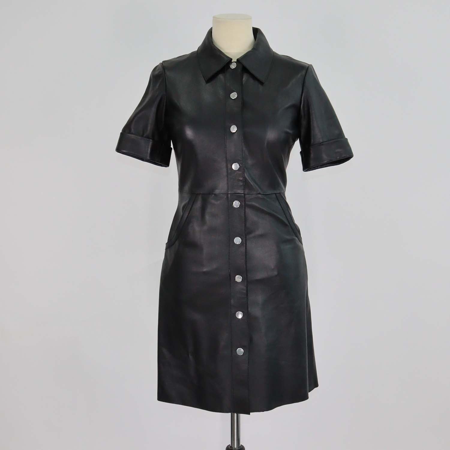 Maje Black Leather Ripoli Mini Shirt Dress