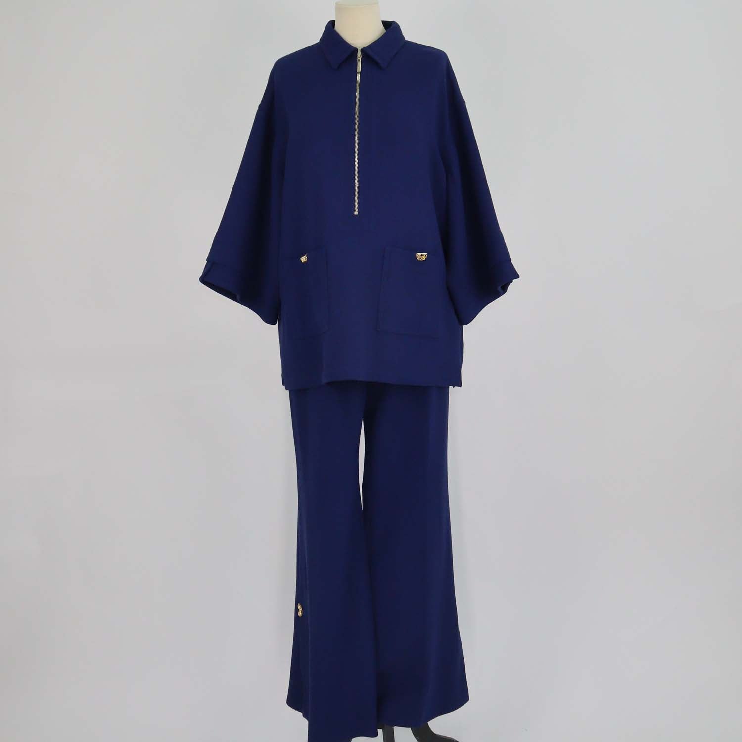 Elie Saab Blue Virgin Wool Crepe Blouse and Side Slit Flared Pants Set