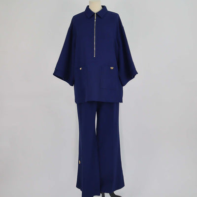 Elie Saab Blue Virgin Wool Crepe Blouse and Side Slit Flared Pants Set