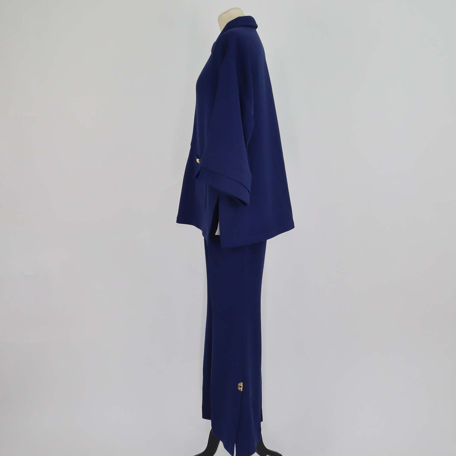 Elie Saab Blue Virgin Wool Crepe Blouse and Side Slit Flared Pants Set