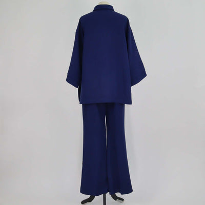 Elie Saab Blue Virgin Wool Crepe Blouse and Side Slit Flared Pants Set